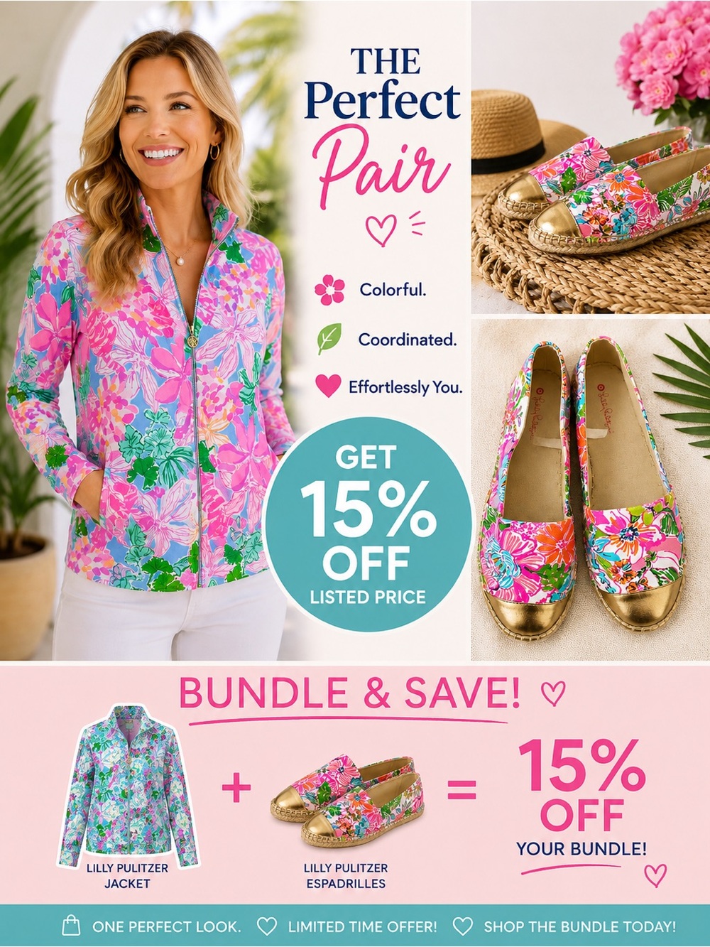 Lilly Pulitzer Pink Floral Espadrille Flats with Green & Orange Accents - Picture 7 of 7